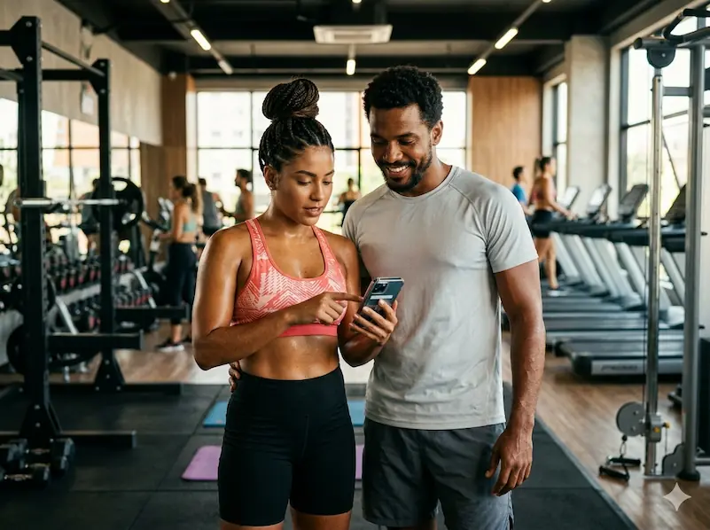 Casal na academia olhando o celular