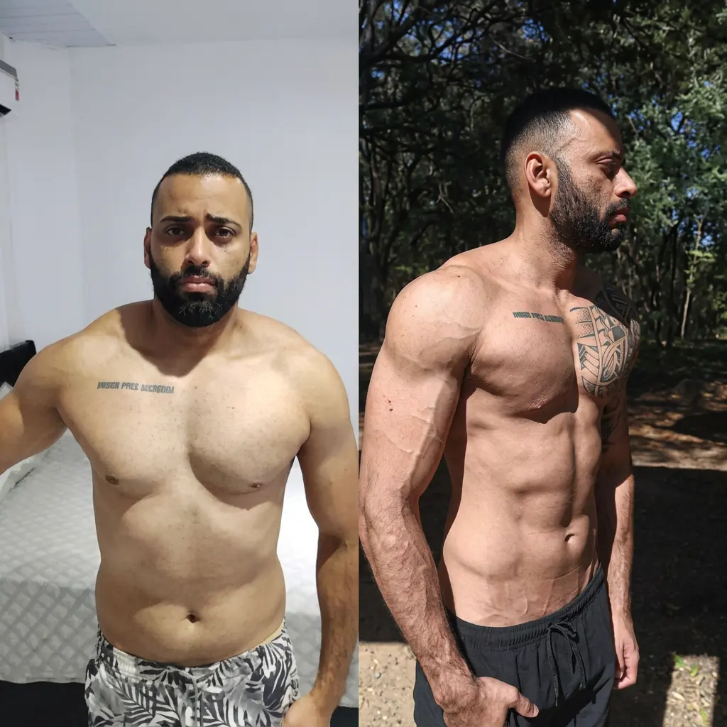 Foto antes e depois de transformação física real em 90 dias — homem sedentário que virou referência de constância no treino