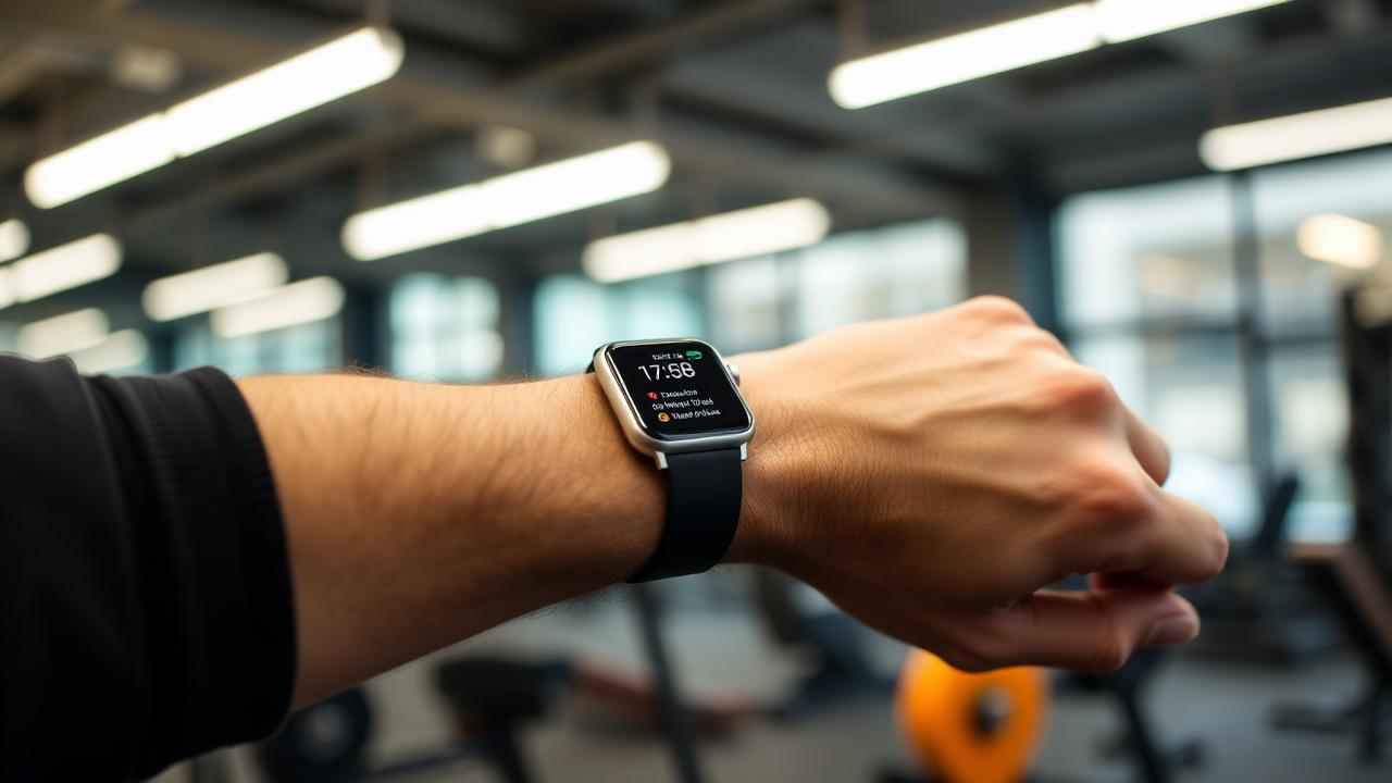 Smartwatch no pulso mostrando contador de calorias em academia moderna