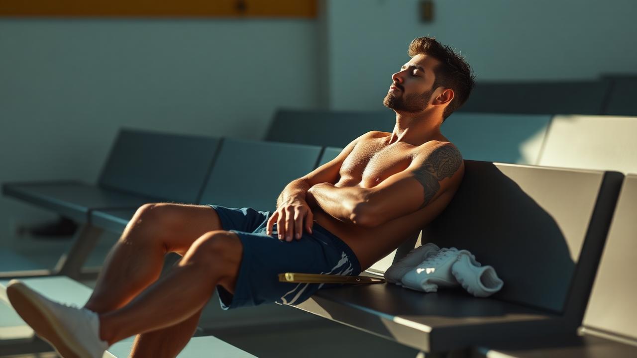 Atleta sentado em banco de academia descansando com toalha no ombro, conceito de deload