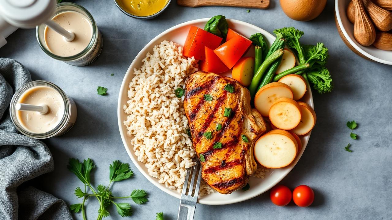 Prato com frango grelhado, arroz integral, batata doce e vegetais frescos