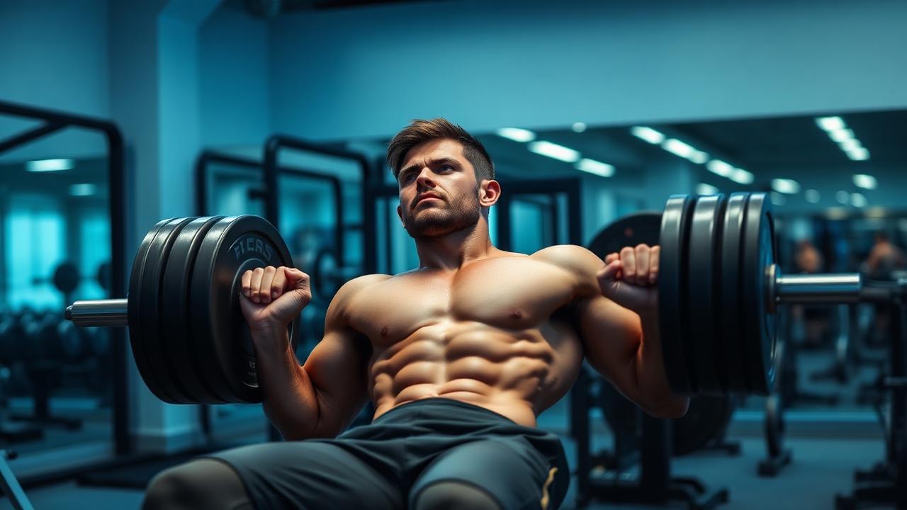 Atleta executando supino com barra para ficha de treino de hipertrofia em academia
