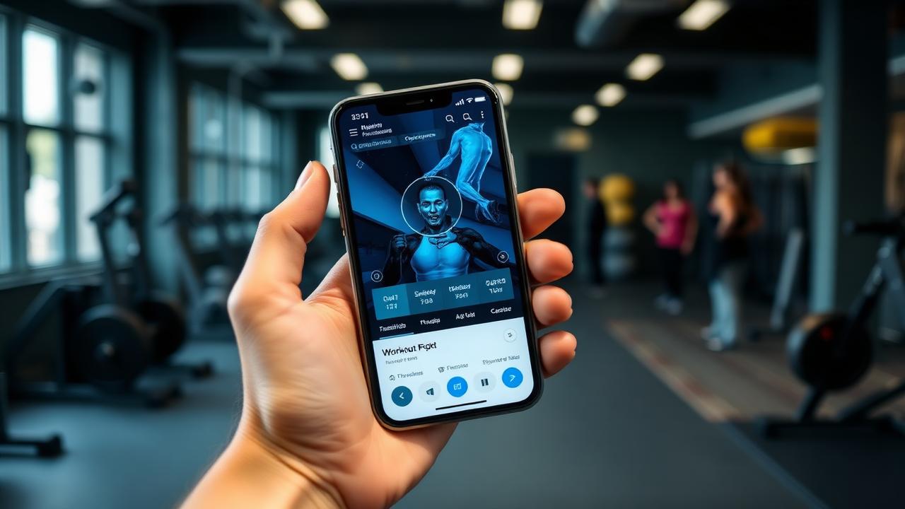 Mão segurando smartphone com app de treino personalizado em academia moderna
