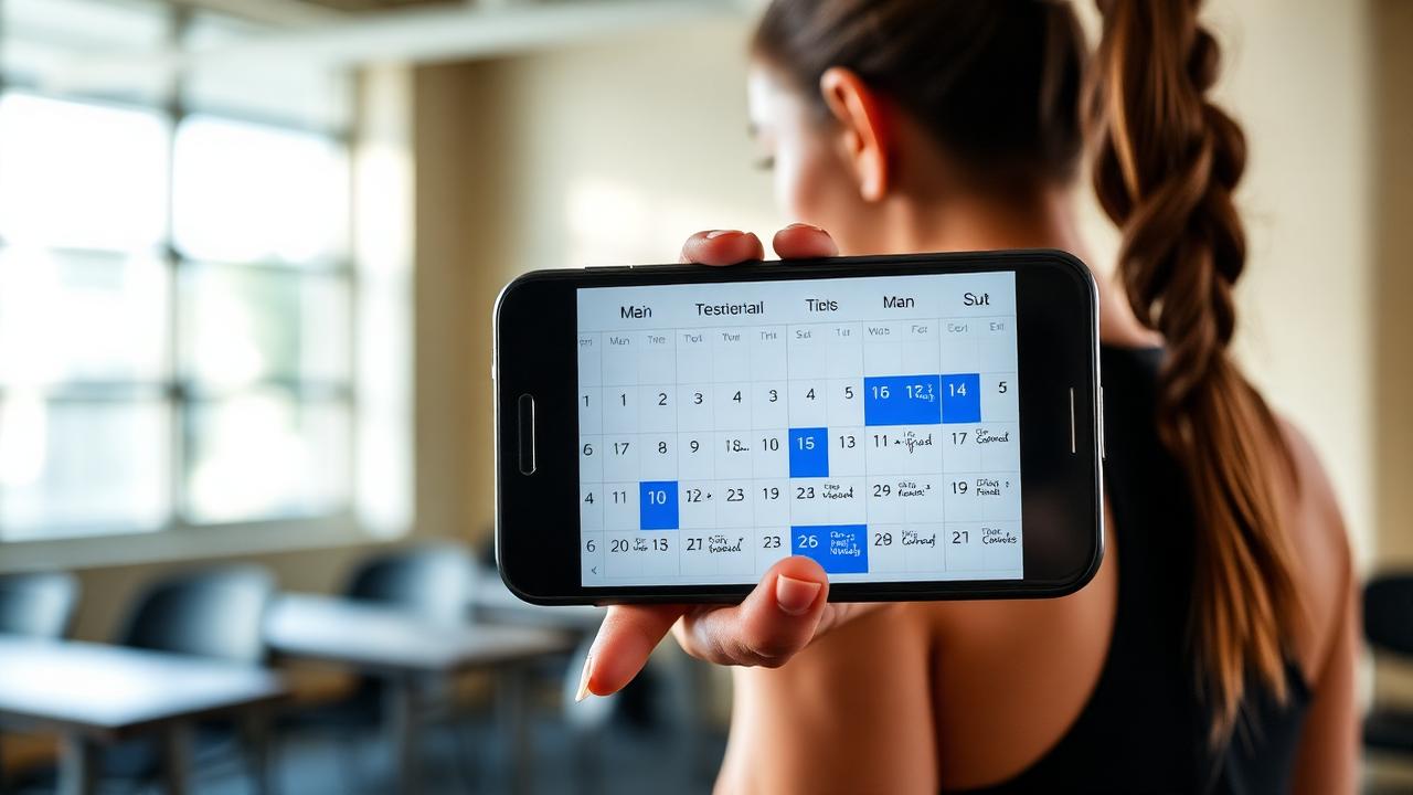 Smartphone mostrando calendário semanal de treinos com dias marcados em azul, na academia