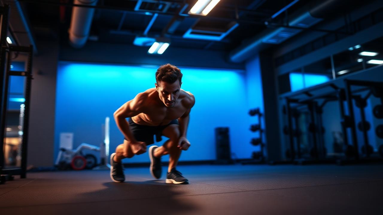 Atleta executando burpee em academia com iluminação azul intensa
