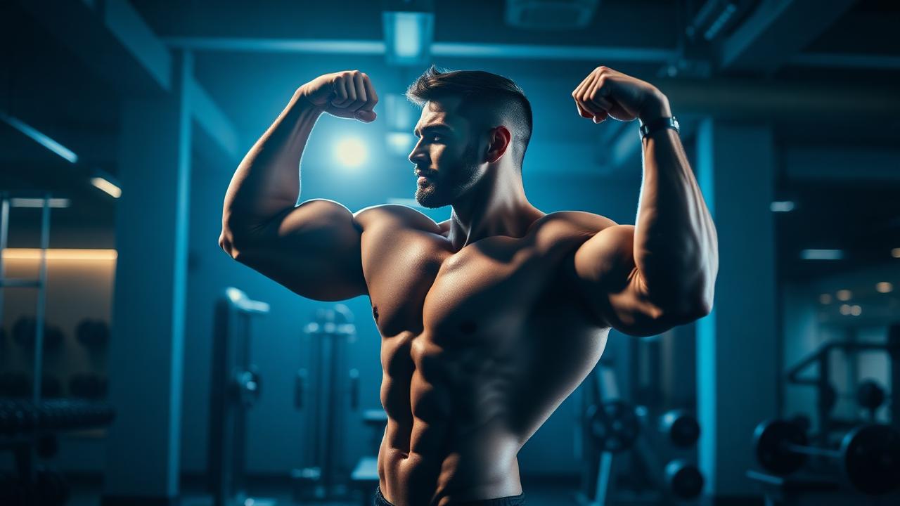 Homem musculoso flexionando bíceps em academia moderna iluminada em azul