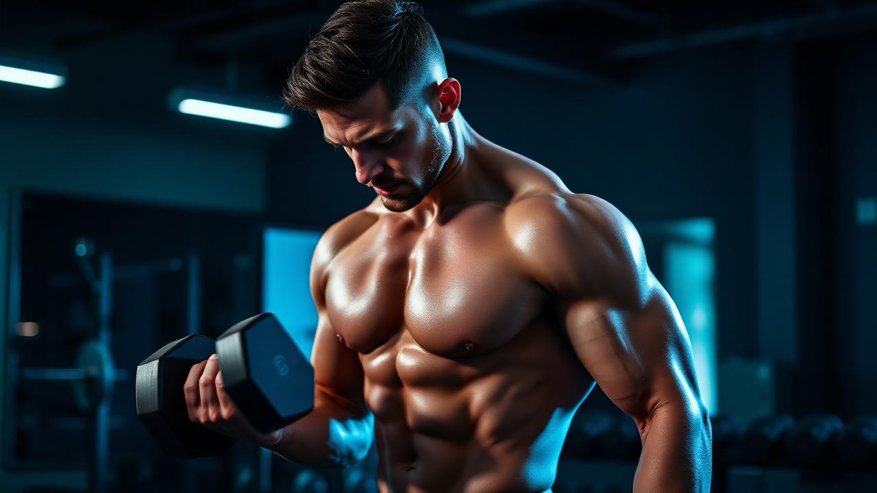 Atleta executando técnica avançada de drop set com halteres em academia com iluminação azul dramática