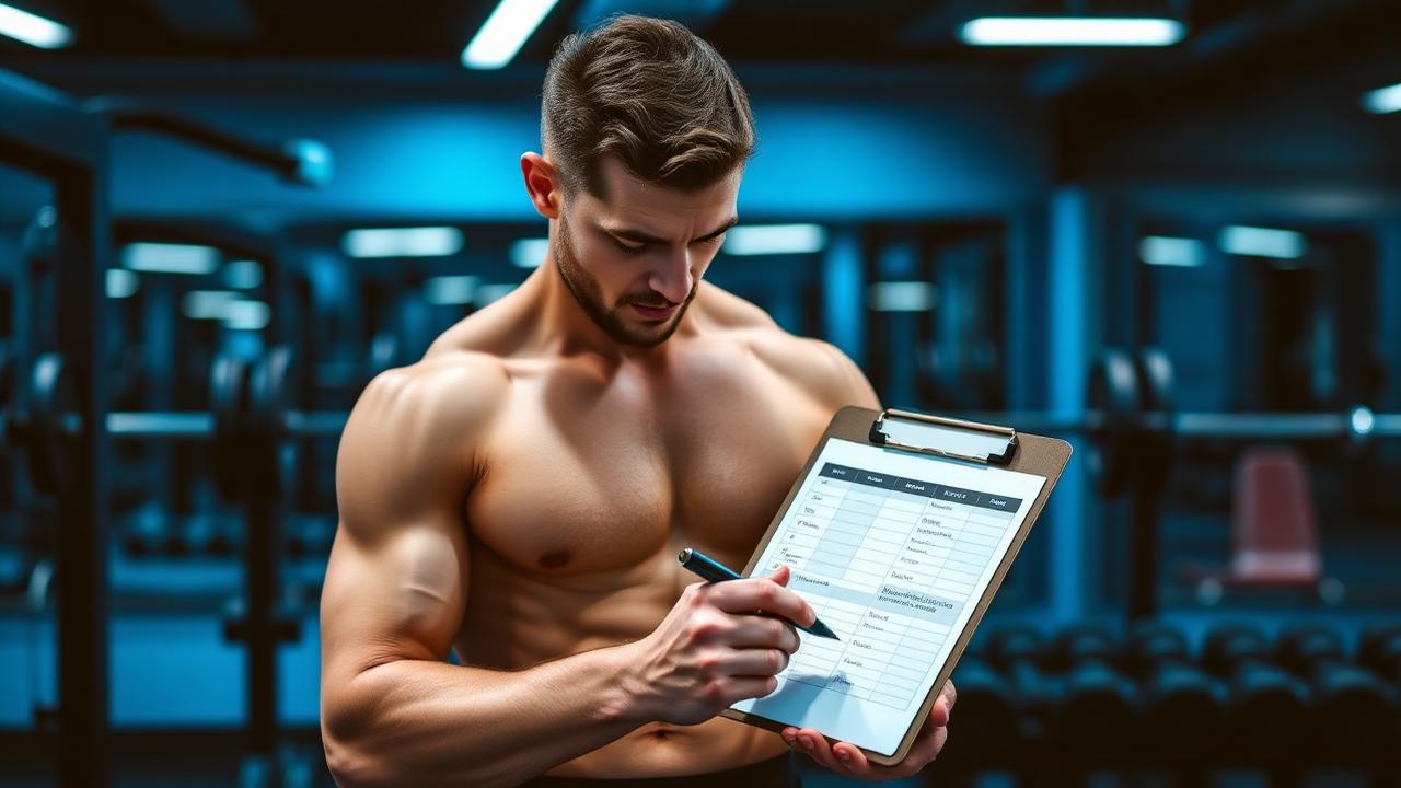 Homem na academia anotando ficha de treino dividida em ABC com pesos e barra ao fundo