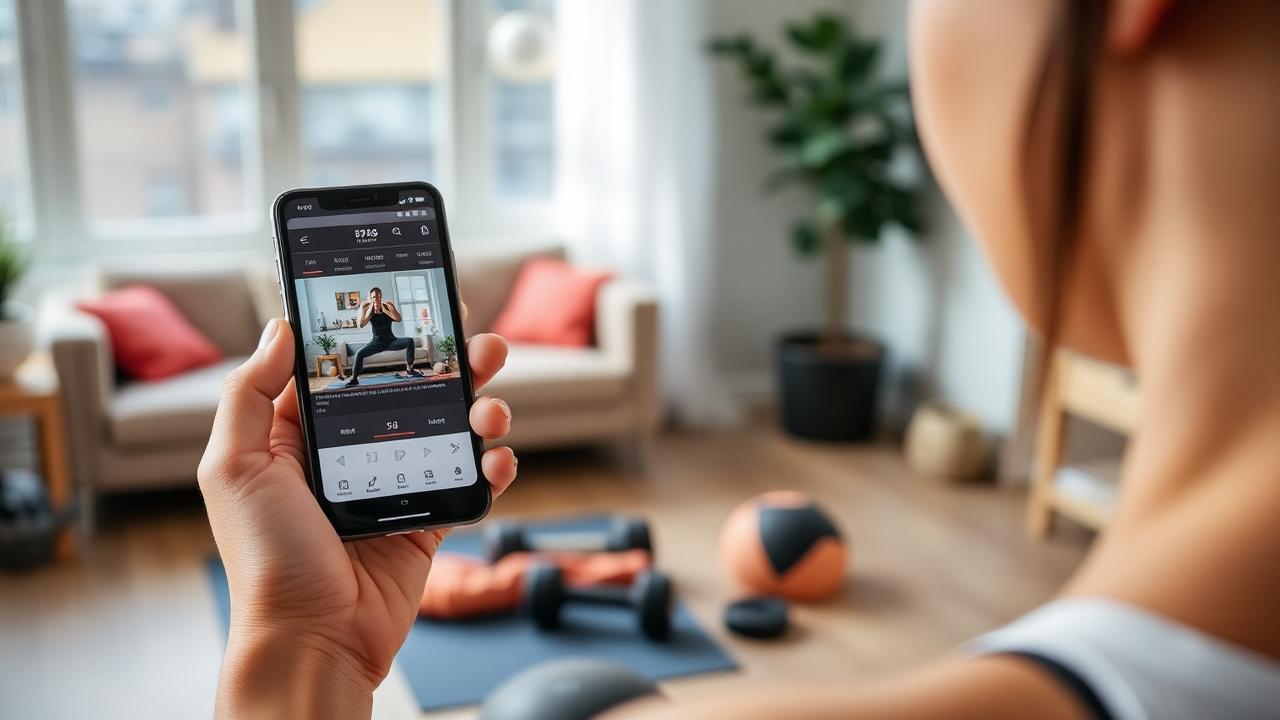 Pessoa treinando em casa com app de treino no celular sobre tapete de yoga